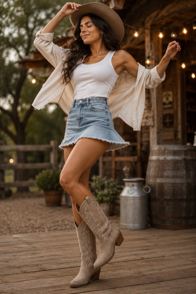 Neutral embroidered cowboy boots with a denim skirt for a country concert outfit