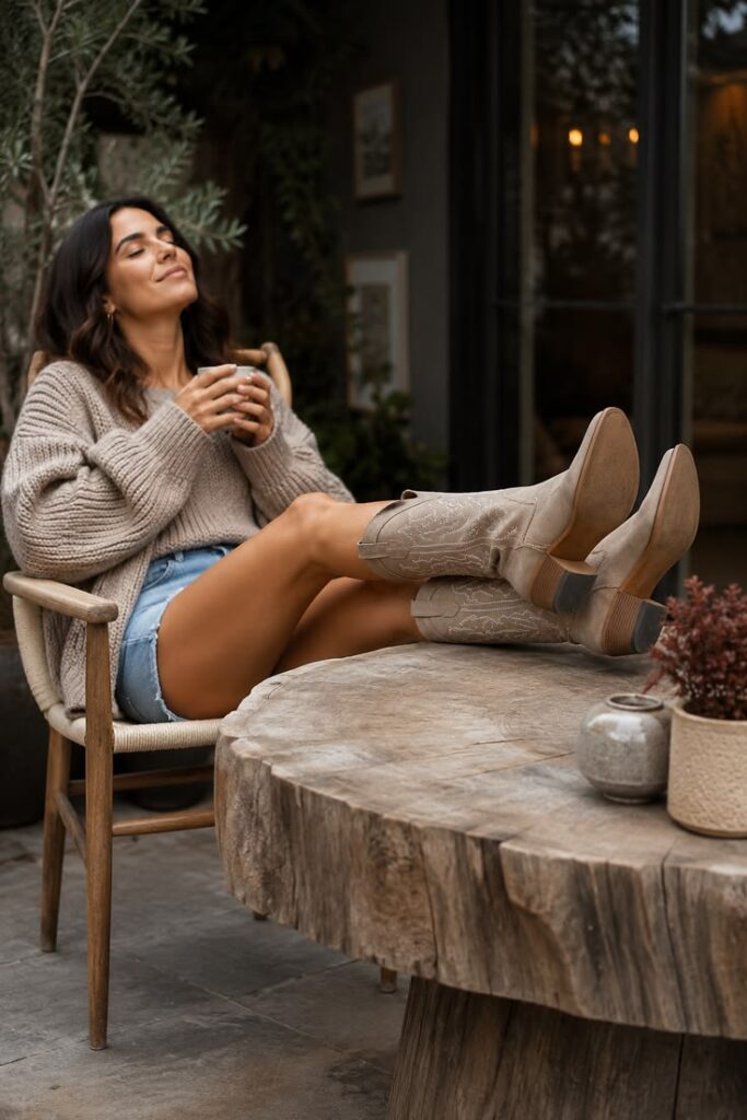 Neutral cowboy boots with decorative stitching for a casual summer-to-fall western look