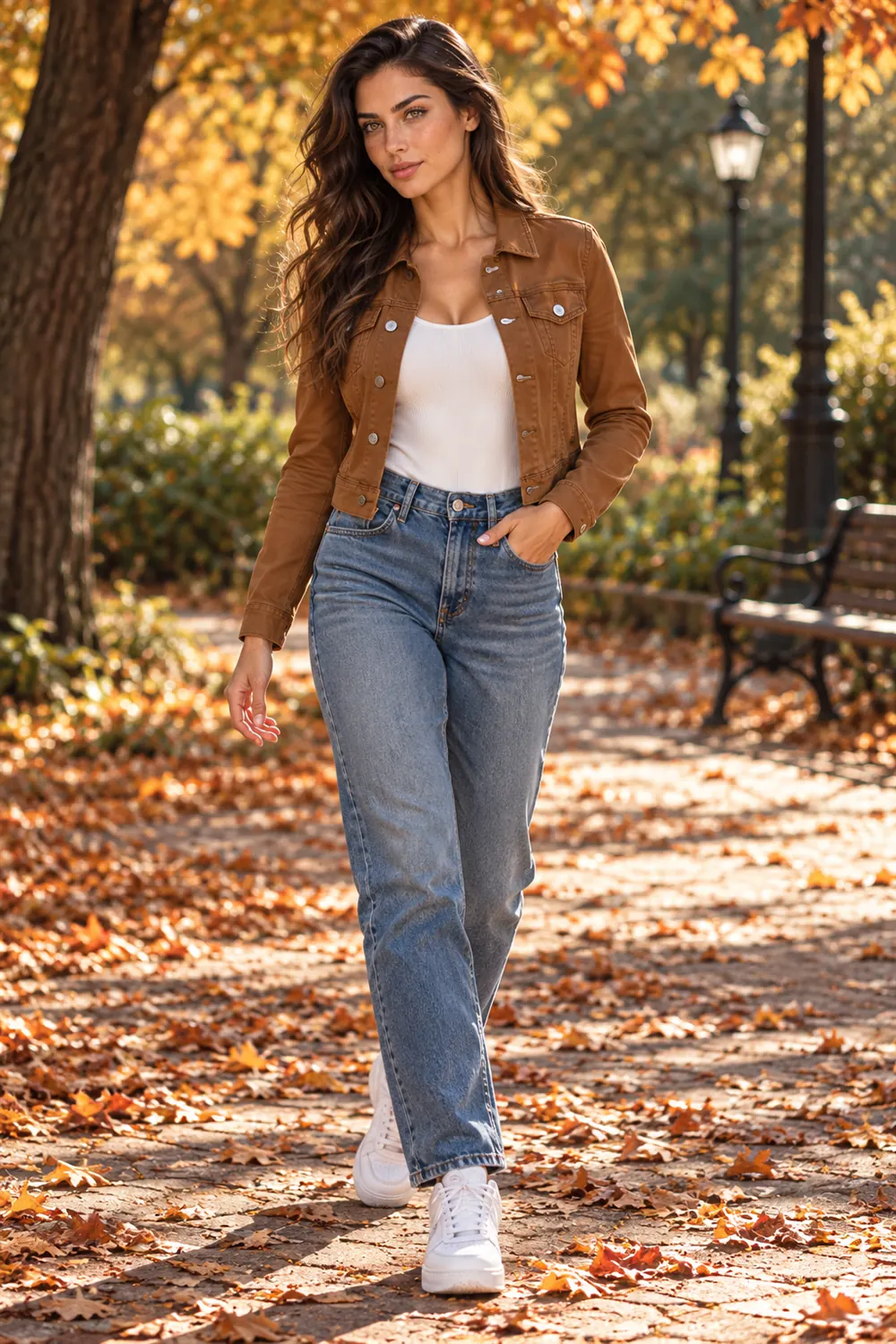 luvamia brown cropped denim jacket layered over a knit on a park walk