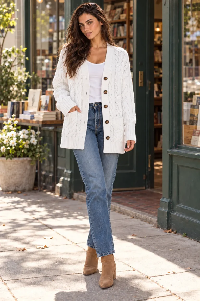 Woman in a bookstore wearing the MEROKEETY white cable-knit cardigan