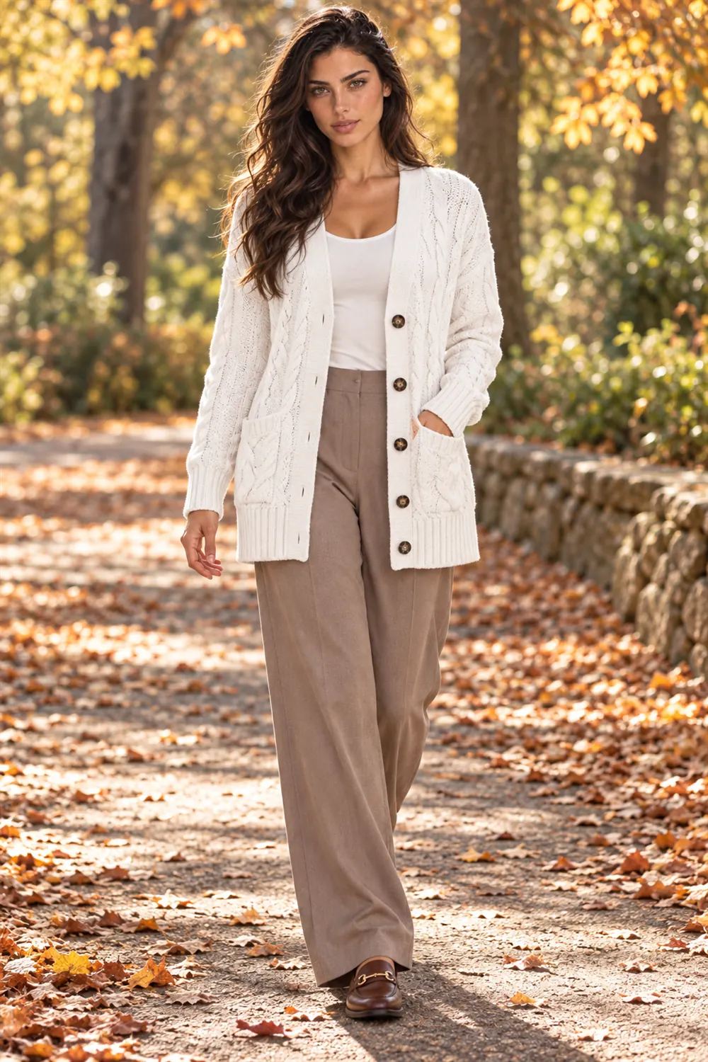 Woman walking in a park in the MEROKEETY cable-knit cardigan over a tee