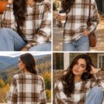 Plaid Crewneck Sweatshirt for Easy Fall Outfits Collage of fall outfits with a beige and brown plaid crewneck sweatshirt