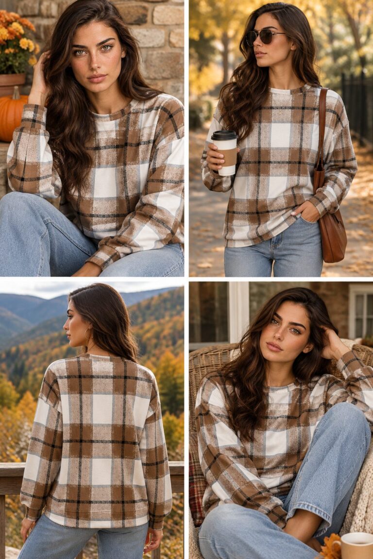 Collage of fall outfits with a beige and brown plaid crewneck sweatshirt