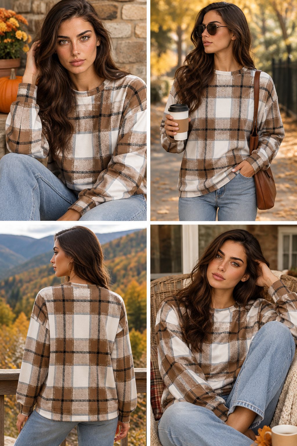 Collage of fall outfits with a beige and brown plaid crewneck sweatshirt