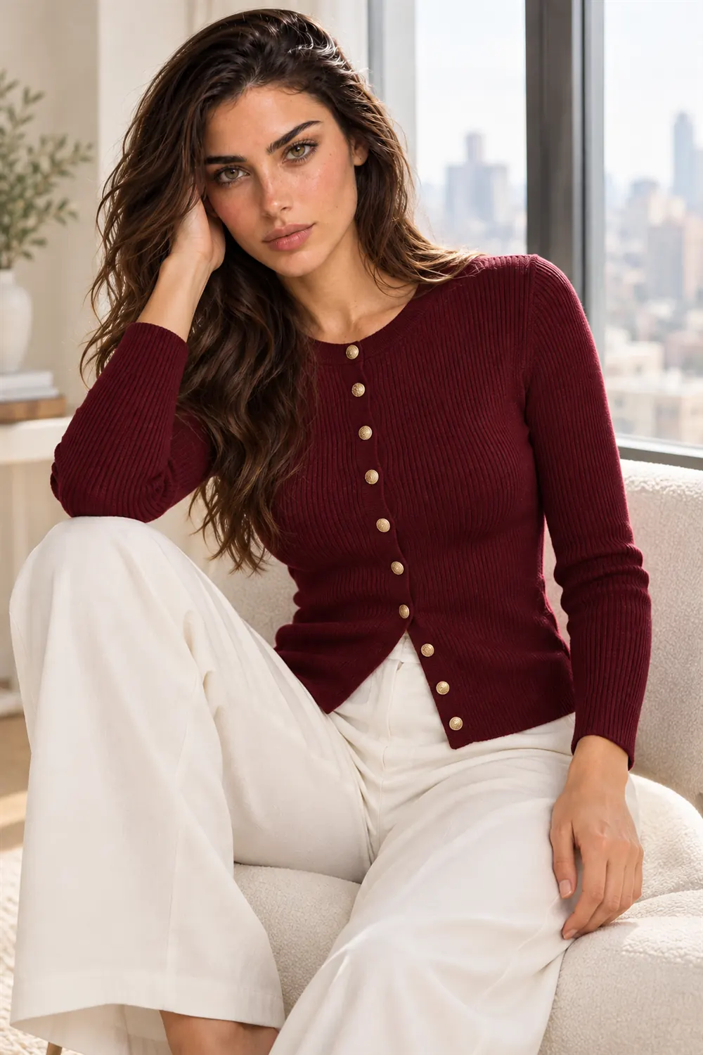 PRETTYGARDEN burgundy fitted cardigan worn by a window